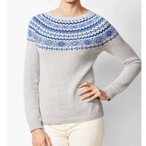 Talbots Petites Fair Isle Yoke Sweater Grey Blue Cotton Blend Crew Neck Women Mp